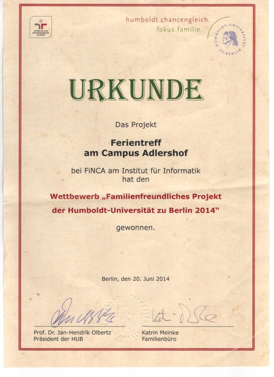 Urkunde "Familienfreundliches Projekt"
