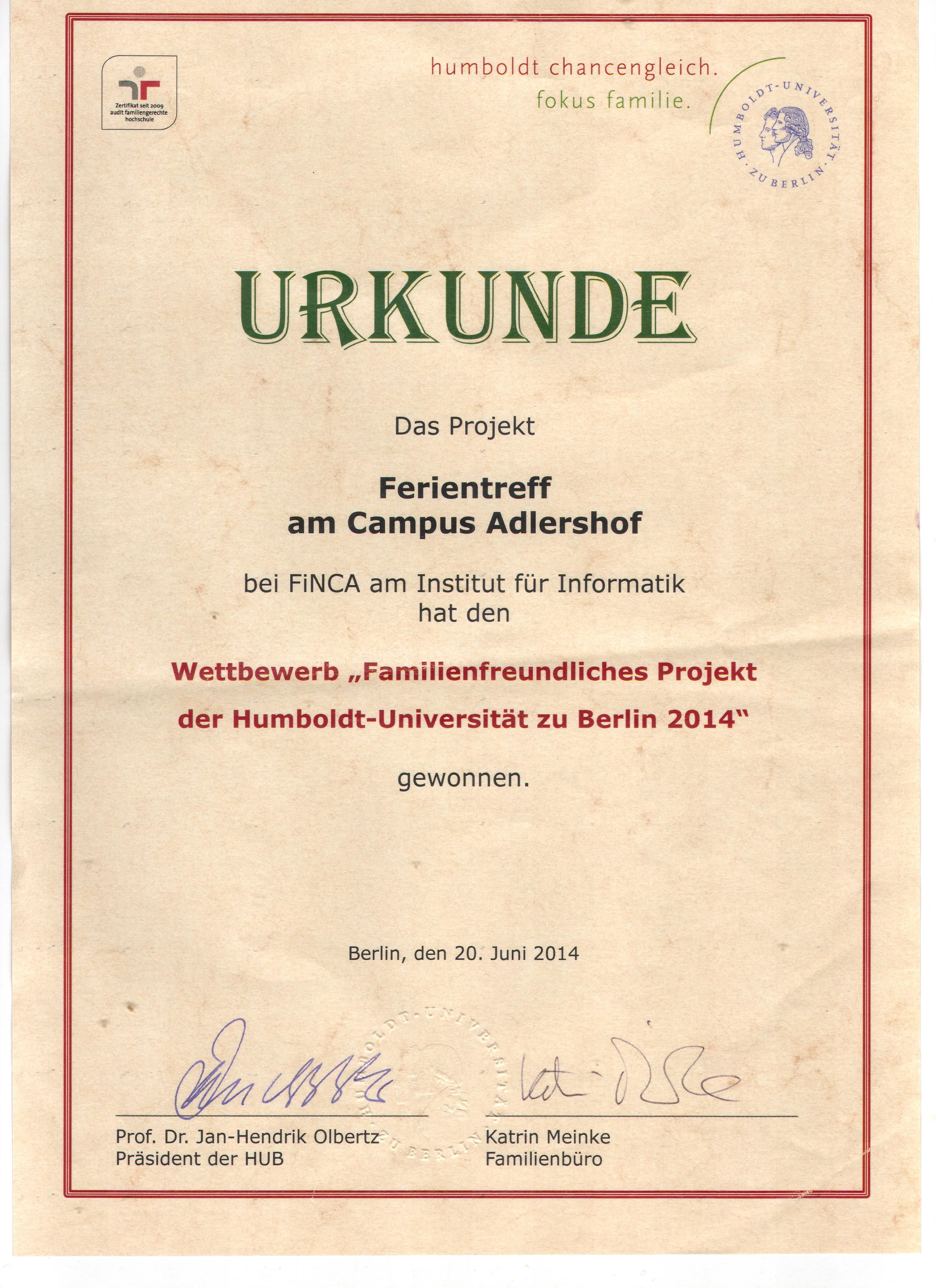 Urkunde "Familienfreundliches Projekt"